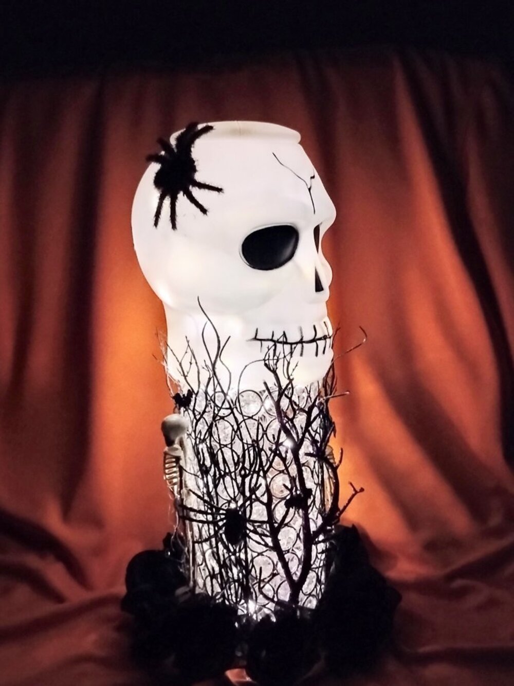 Handmade 16" Gothic Skull Lighted Pillar Lamp Skeletons Bats Spiders Black Roses
